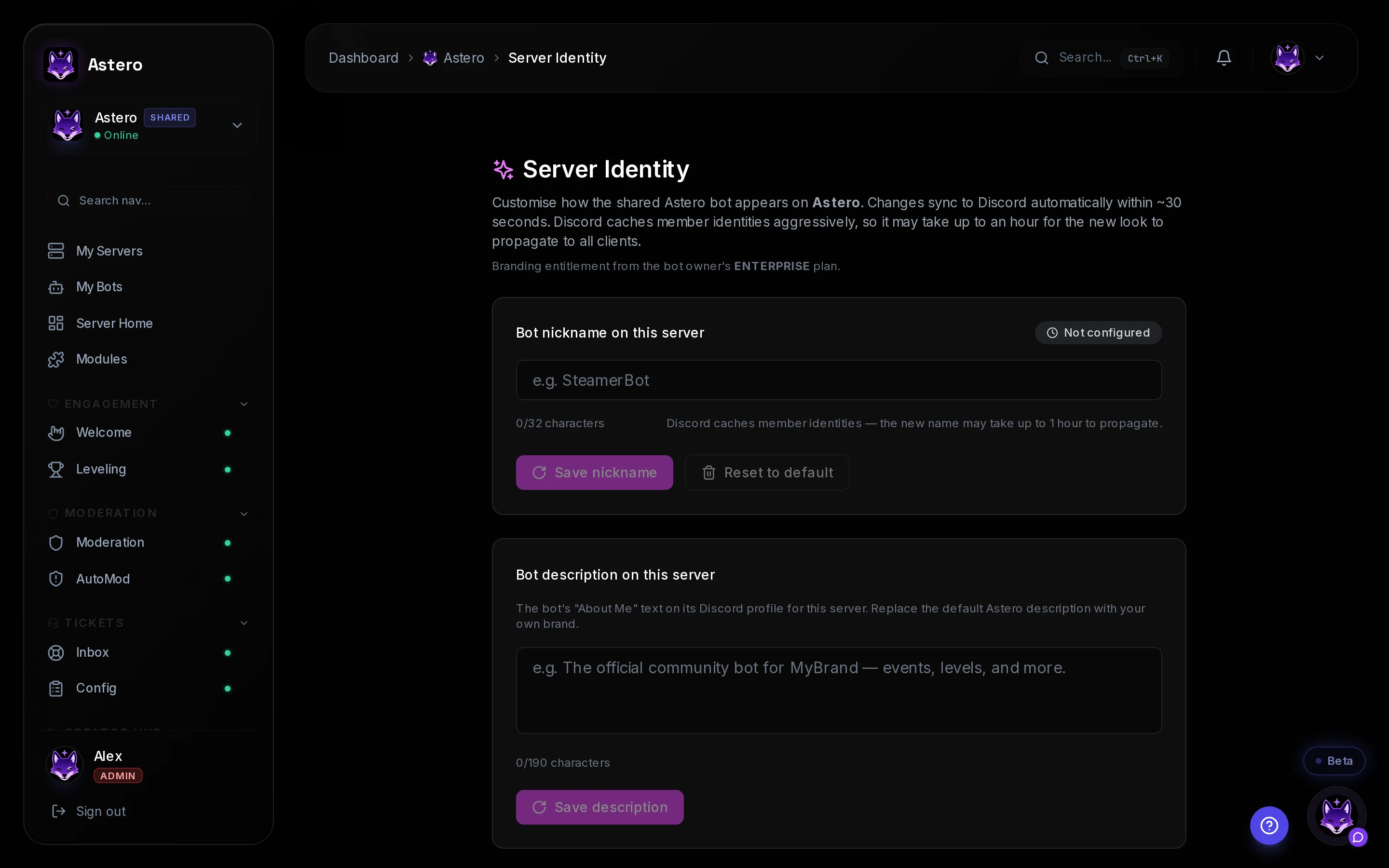Astero Server Identity — set the bot nickname, avatar, banner and bio per server