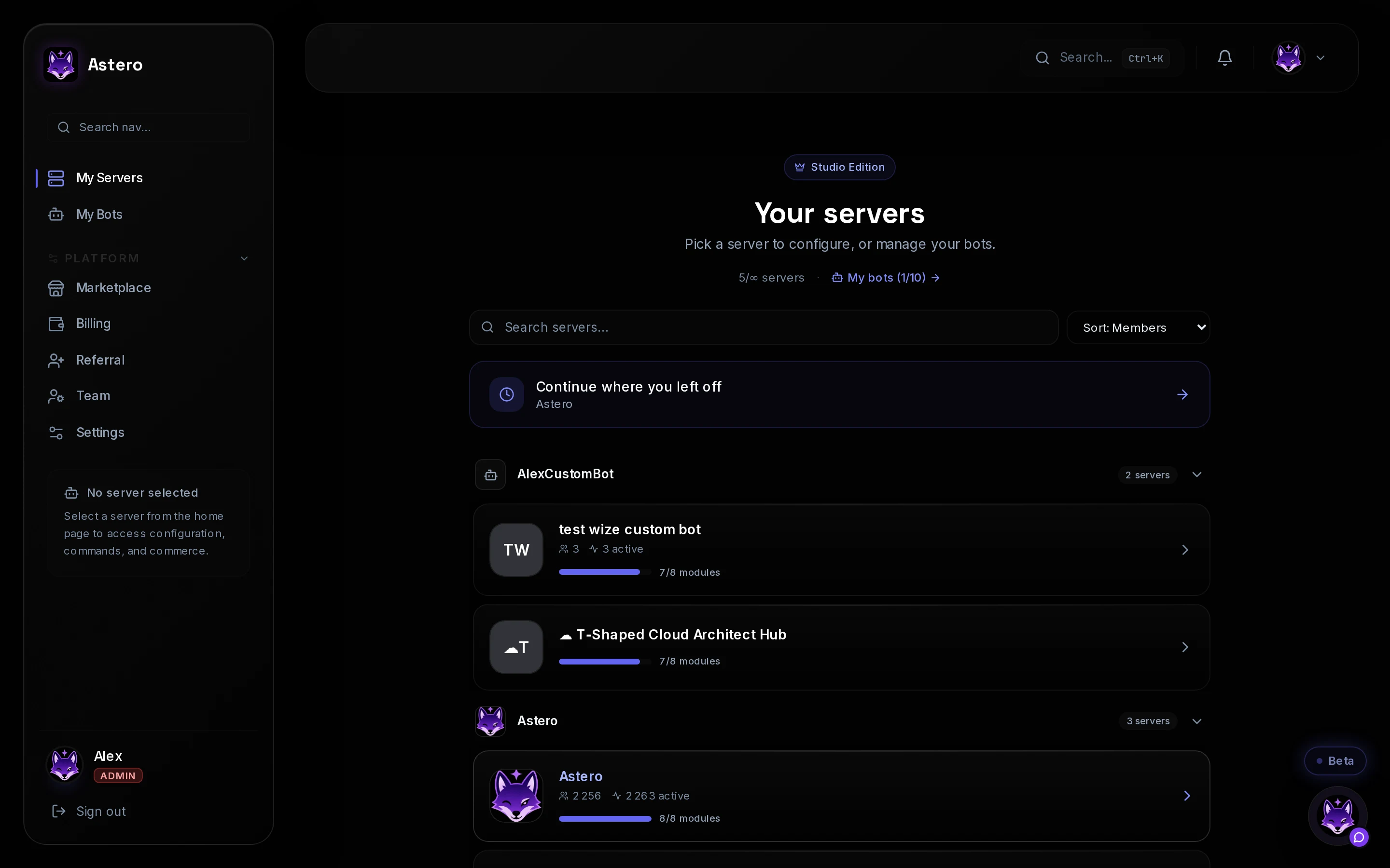 The Astero dashboard — manage your servers and bots