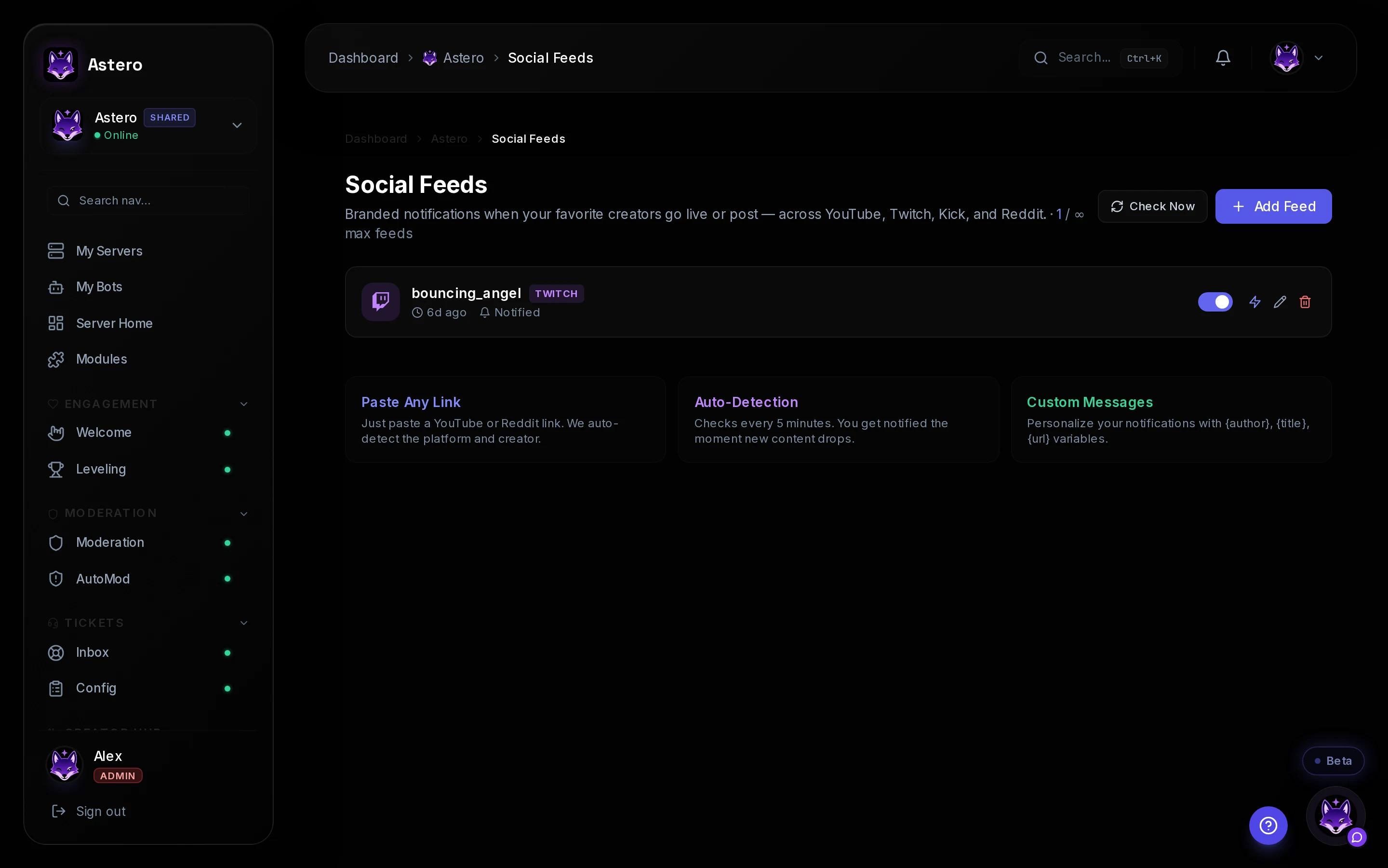 Astero Social Feeds — set up stream notifications