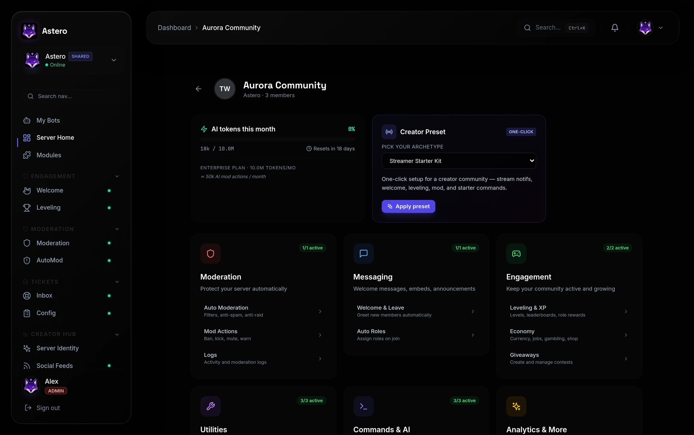 Astero dashboard: module overview, AI usage gauge and one-click Creator Preset