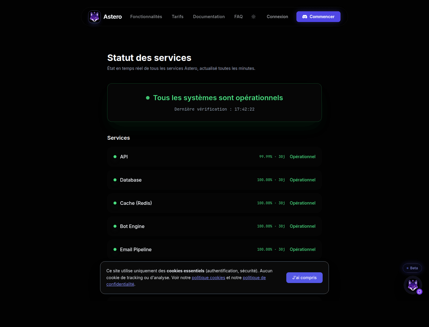 Astero public status page with live uptime and latency metrics